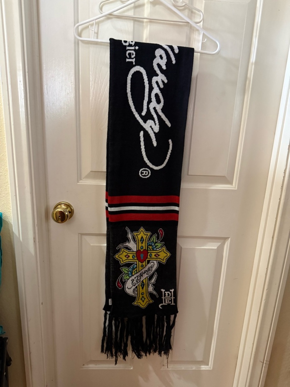 Ed Hardy Black Red White Graphic Cross Logo Scarf Long